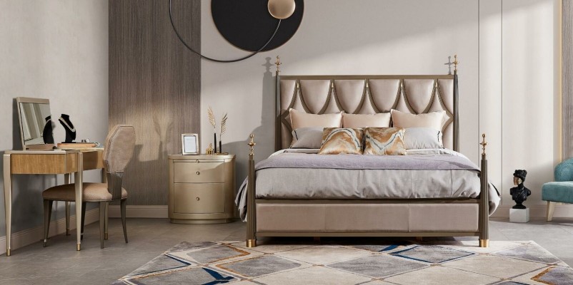 Кровать, тумбочка, туалетный столик. 4-х предметный набор для спальни. Современный дизайн из массива дерева.