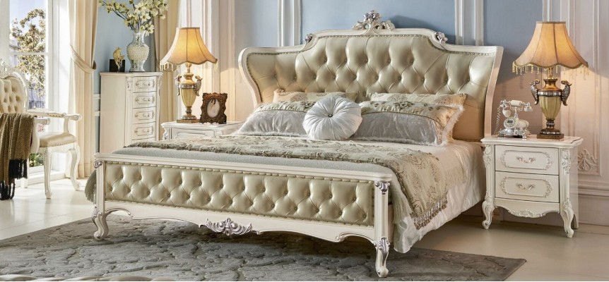 Наборы спальни Chesterfield 6 предметов. Королевская барокко мебель. Кровать из массивной древесины.