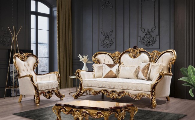 Sofagarnitur 3+1 Sitzer Gold Couchtisch Klassisch Wohnzimmer Set 3tlg.