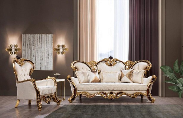 Sofagarnitur 3+1 Sitzer Gold Couchtisch Klassisch Wohnzimmer Set 3tlg.