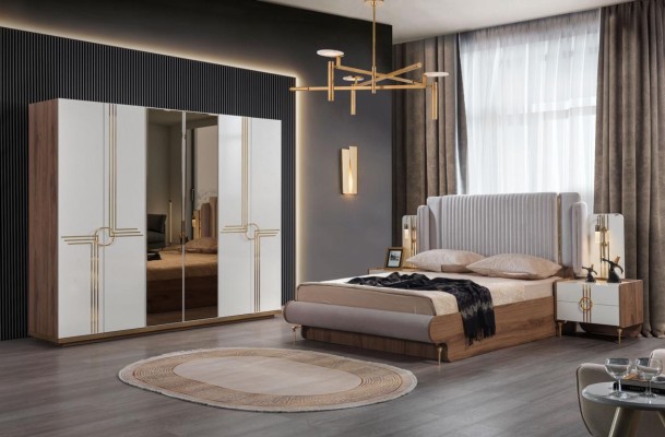 Спальня Кровать 2x Тумбочка Шкаф 4-х частей Комплект Дизайн