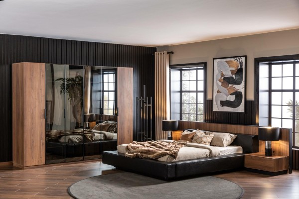 Комплект спальни Кровать Коричневый Шкаф 2x Прикроватный столик Полный 4 предмета