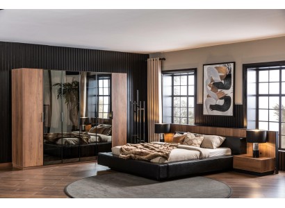 Комплект спальни Кровать Коричневый Шкаф 2x Прикроватный столик Полный 4 предмета