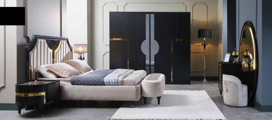 Спальня Кровать Ночной столик Шкаф Комод Зеркало Банкетка Черный 7 предметов