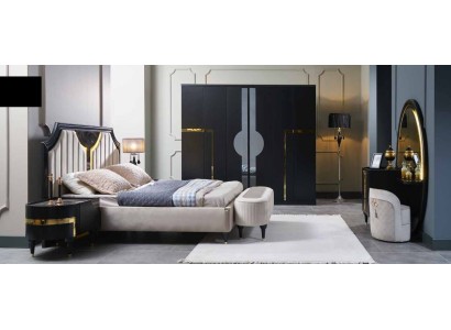 Спальня Кровать Ночной столик Шкаф Комод Зеркало Банкетка Черный 7 предметов