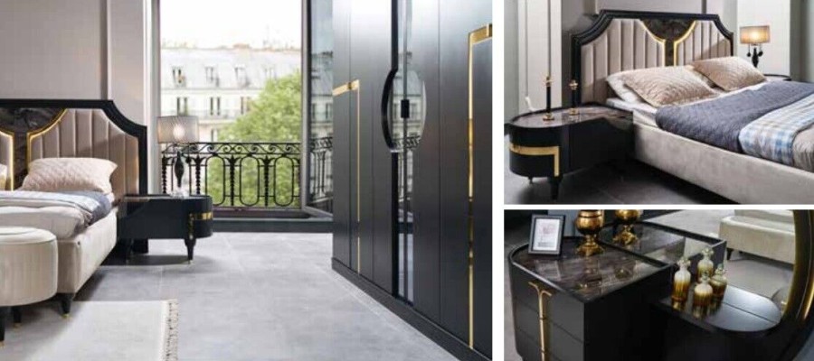 Спальня Кровать Ночной столик Шкаф Комод Зеркало Банкетка Черный 7 предметов