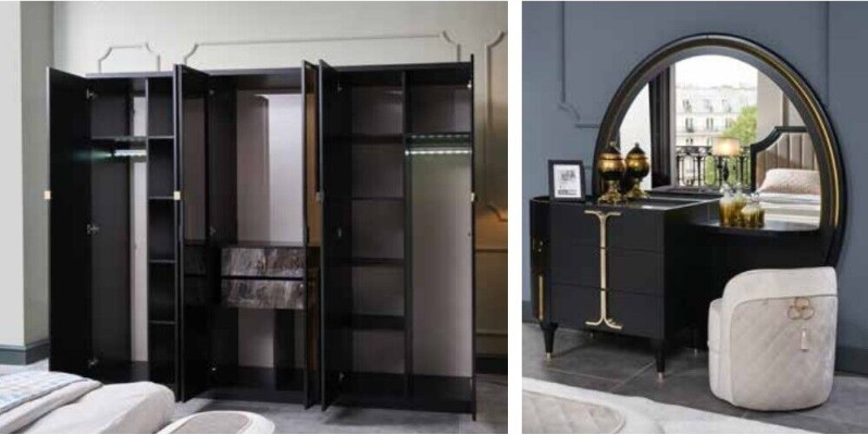 Спальня Кровать Ночной столик Шкаф Комод Зеркало Банкетка Черный 7 предметов