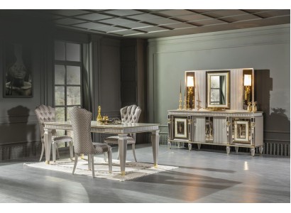 Esszimmer Set Grau 4x Stühle Esstisch Anrichte Spiegel Elegantes Design 7tlg.