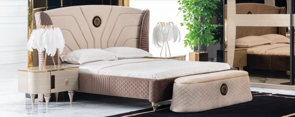 Спальня Двуспальная кровать 160x200 см - Комплект роскошной кровати с двумя прикроватными тумбочками, 3 предмета - новый.