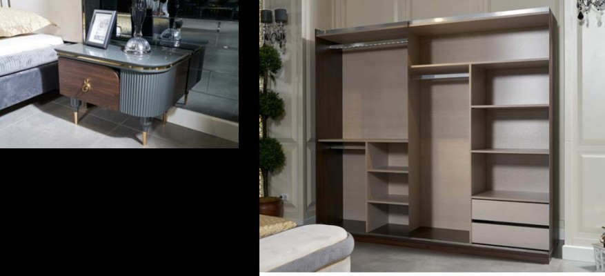 Комплект спальни Кровать Тумбочка Шкаф Банкетка, лукс дизайн 5 предметов