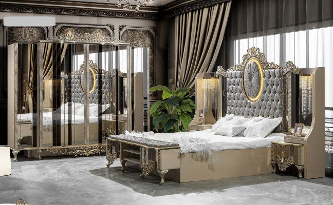Роскошный гарнитур для спальни: двуспальная кровать классического бежевого цвета, набор из 5 предметов, новый.