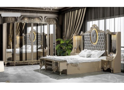 Роскошный гарнитур для спальни: двуспальная кровать классического бежевого цвета, набор из 5 предметов, новый.