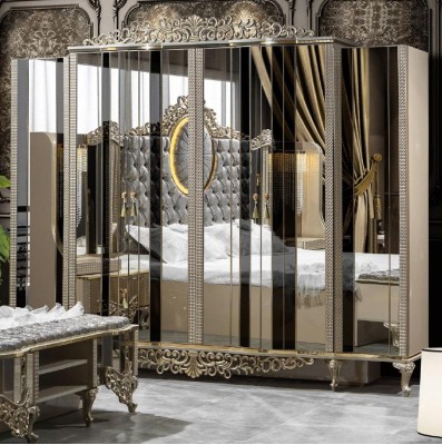 Роскошный гарнитур для спальни: двуспальная кровать классического бежевого цвета, набор из 5 предметов, новый.