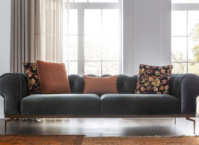 Современный диван Chesterfield, трёхместный диван, тканевый диван, синий тканевый диван.