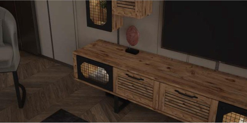 Высококачественный, стильный, низкий телевизионный шкаф в стиле loft из дерева.