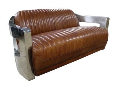 Sofa Vintage 2-Sitzer Ledersofa im Retro Stil Echtleder Aluminium Nieten Möbel