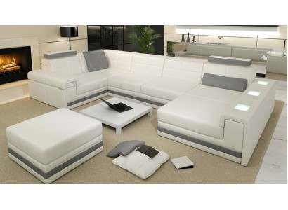 Ecksofa Sofa Wohnlandschaft U Form Polster Couch Ledersofa + Hocker