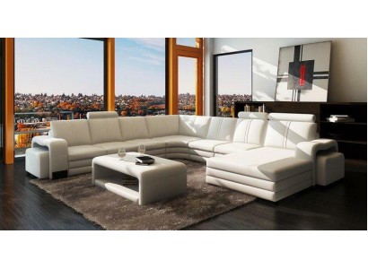 Ecksofa U-Form + 2x Hocker + Couchtisch Couch Design Grau Polster Leder