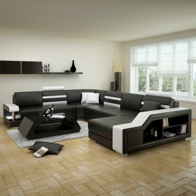 Угловой диван в форме U - кожаный диван с полкой из кожи.