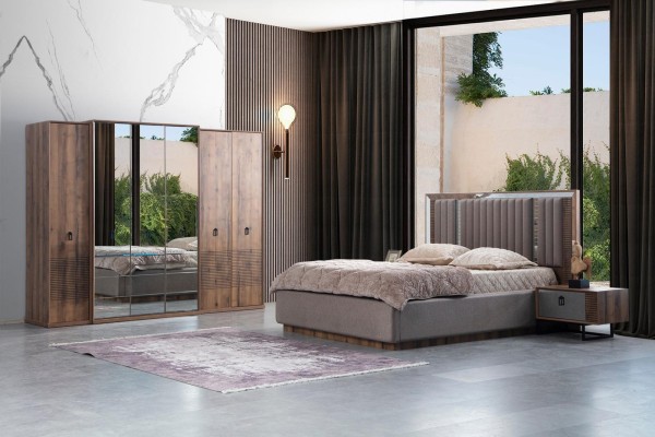 Серо-коричневый набор для спальни в современном стиле для жилых помещений.