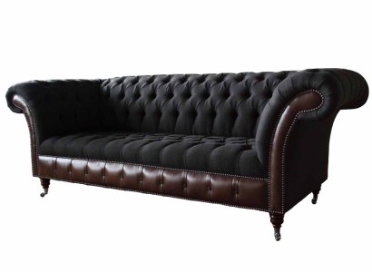 Chesterfield 3-х местный диван из кожи с тканевым сиденьем, черного цвета, новый