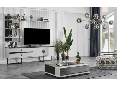 настенный телевизор RTV с низким телевизионным стендом + белый журнальный столик из дерева