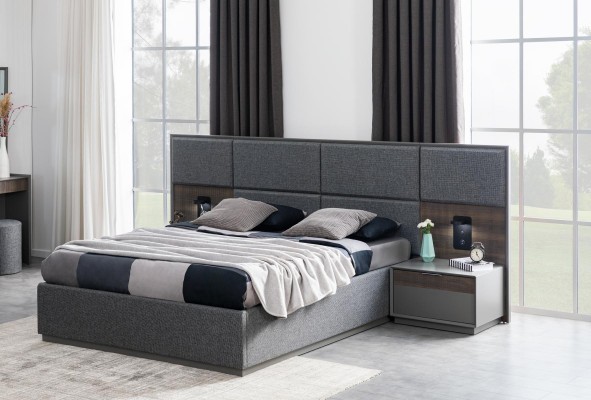 Спальня Кровать 2x Прикроватный столик Комплект Постельного белья с USB-светом Лофт