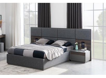 Спальня Кровать 2x Прикроватный столик Комплект Постельного белья с USB-светом Лофт