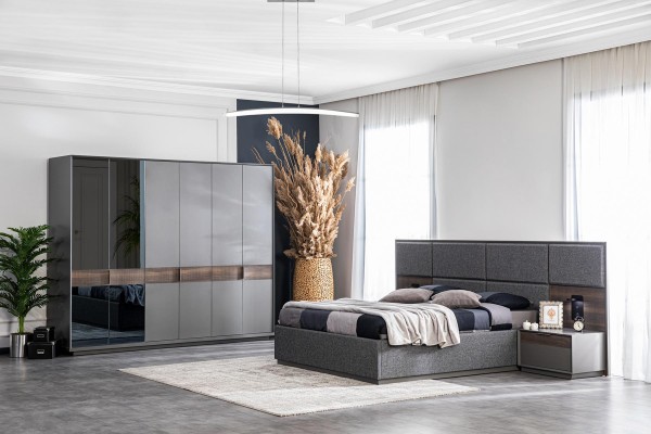 Спальня Кровать 2x Прикроватный столик Комплект Постельного белья с USB-светом Лофт