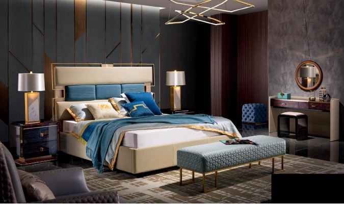 Кровать, ночной столик, туалетный столик 6 предметов. Дизайн спальни современный роскошный.