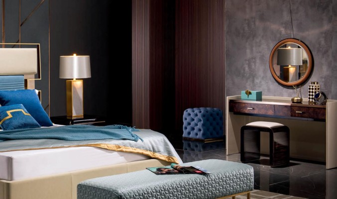 Кровать, ночной столик, туалетный столик 6 предметов. Дизайн спальни современный роскошный.