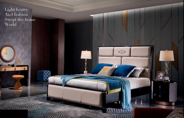 Дизайнерская мебель для спальни, 5 предметов, комплект: кровать, прикроватная тумбочка, туалетный столик, кожа.