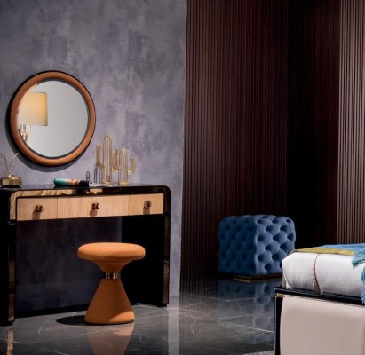 Дизайнерская мебель для спальни, 5 предметов, комплект: кровать, прикроватная тумбочка, туалетный столик, кожа.