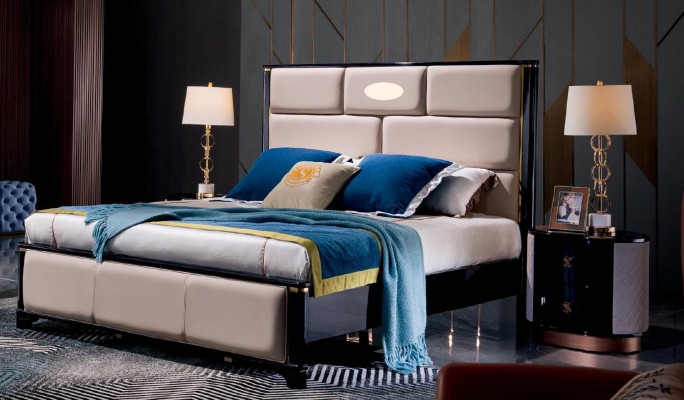 Дизайнерская мебель для спальни, 5 предметов, комплект: кровать, прикроватная тумбочка, туалетный столик, кожа.