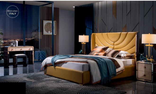 Спальный гарнитур из кожи с кроватью и туалетным столиком