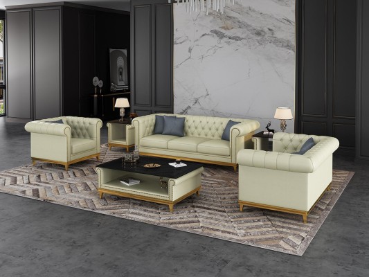 Комплект мебели для гостиной Chesterfield со столиком-журнальным, мебельная группа, набор из кожаного дивана 3+2+1, 3 предмета.