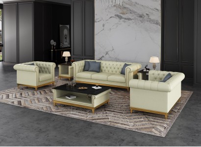 Комплект мебели для гостиной Chesterfield со столиком-журнальным, мебельная группа, набор из кожаного дивана 3+2+1, 3 предмета.