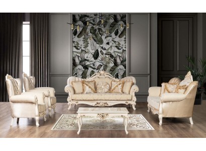 Бежевый комплект мебели для гостиной из 4 предметов. Комплект диванов, диван, обивка, классические диваны, бархат.