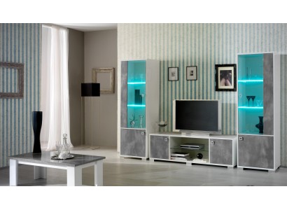 Мебельная стена с двойной витриной, консольный стол, тумба под телевизор, шкаф-витрина и стеклянные витрины для гостиной.