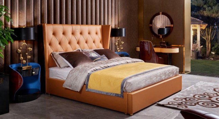 Кровать спальня мебель 6шт. Кожаный комплект дизайна роскошные кровати.