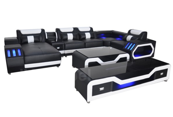 Кожаный угловой диван дизайнерской гости́ной + журнальный столик + RTV G8046