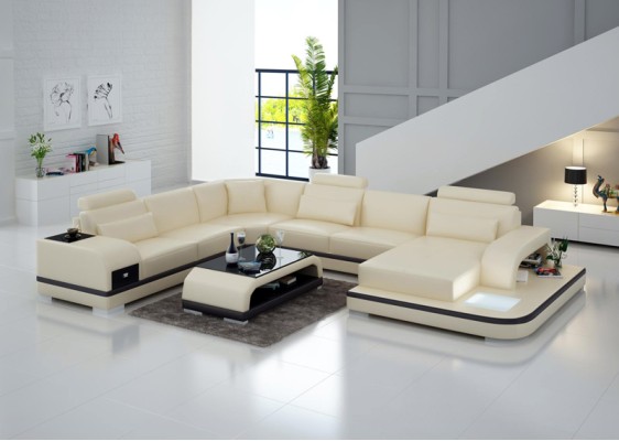 Eck Sofa mit USB Polster Couch Sitz Grau Leder Garnitur Moderne Wohnlandschaft