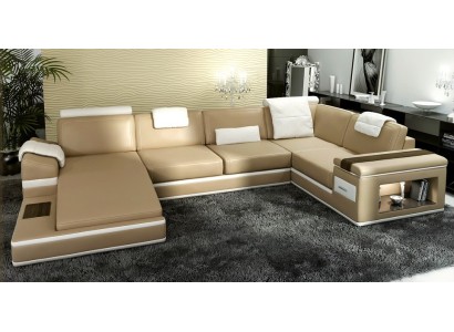 Ecksofa Sofa Couch Polster Leder Garnitur Wohnlandschaft Ecke Wohn Beige