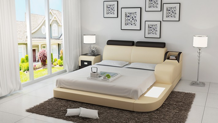 Дизайнерская кровать XXL Big Bed из кожи для отеля с полкой и USB, размером 160x200 см.
