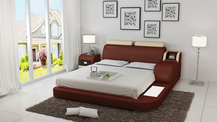Дизайнерская кровать XXL Big Bed из кожи для отеля с полкой и USB, размером 160x200 см.