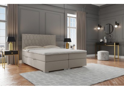 Коробочная кровать Hotel Luxus Betten с функцией подъемного механизма и обивкой из бежевого материала, двойной размер 180x200.