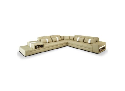 Ecksofa Sofa Couch USB Polster Wohnlandschaft Ledersofa design L Form Neu Beige