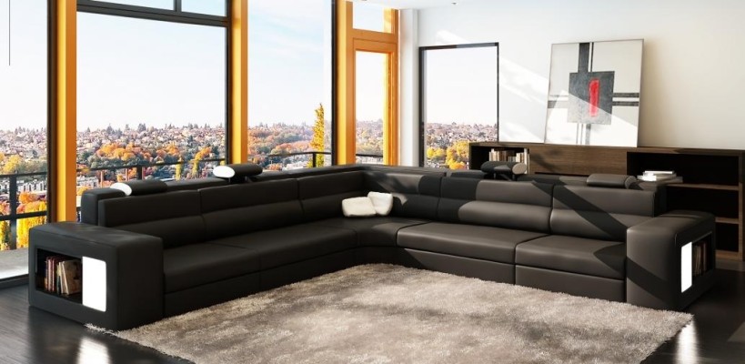 Кожаный диван с угловым диваном и подушками для сидения Wohnlandschaft XXL Big Weiden Black