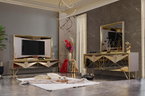 Мягкая мебель, шкаф, тумба, телевизионная тумба в изысканном дизайне с золотистыми элементами.