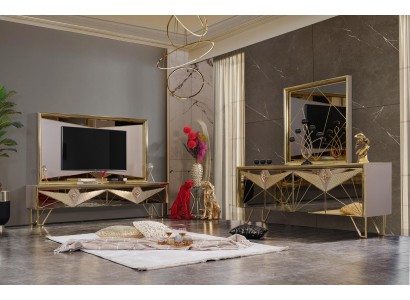 Мягкая мебель, шкаф, тумба, телевизионная тумба в изысканном дизайне с золотистыми элементами.
